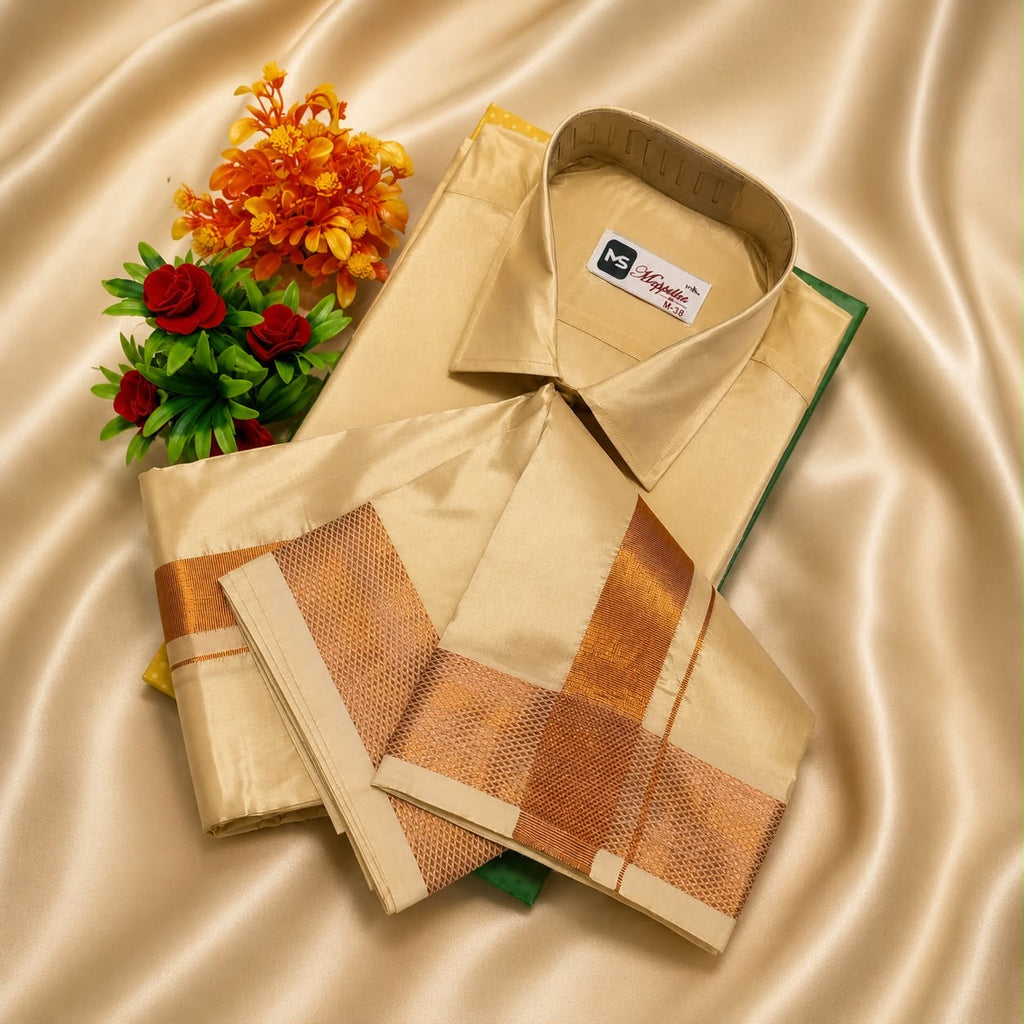 Premium Aasha Pattu 8 mulam veshti , Shirt L size Major to M