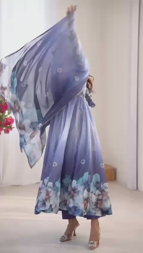 Blauwe bloemen Anarkali Maat L