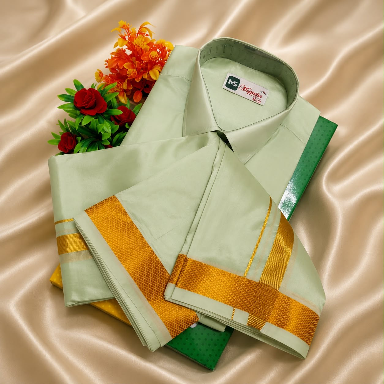Premium Aasha Pattu 8 mulam veshti , Shirt L size Major to M